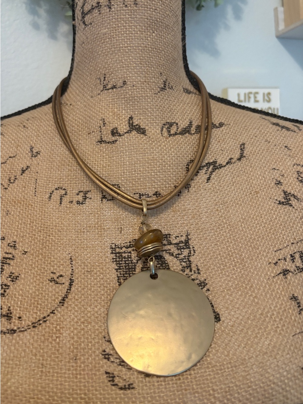 Chico's Gold-Tone Round Disc Necklace with Brown Accent